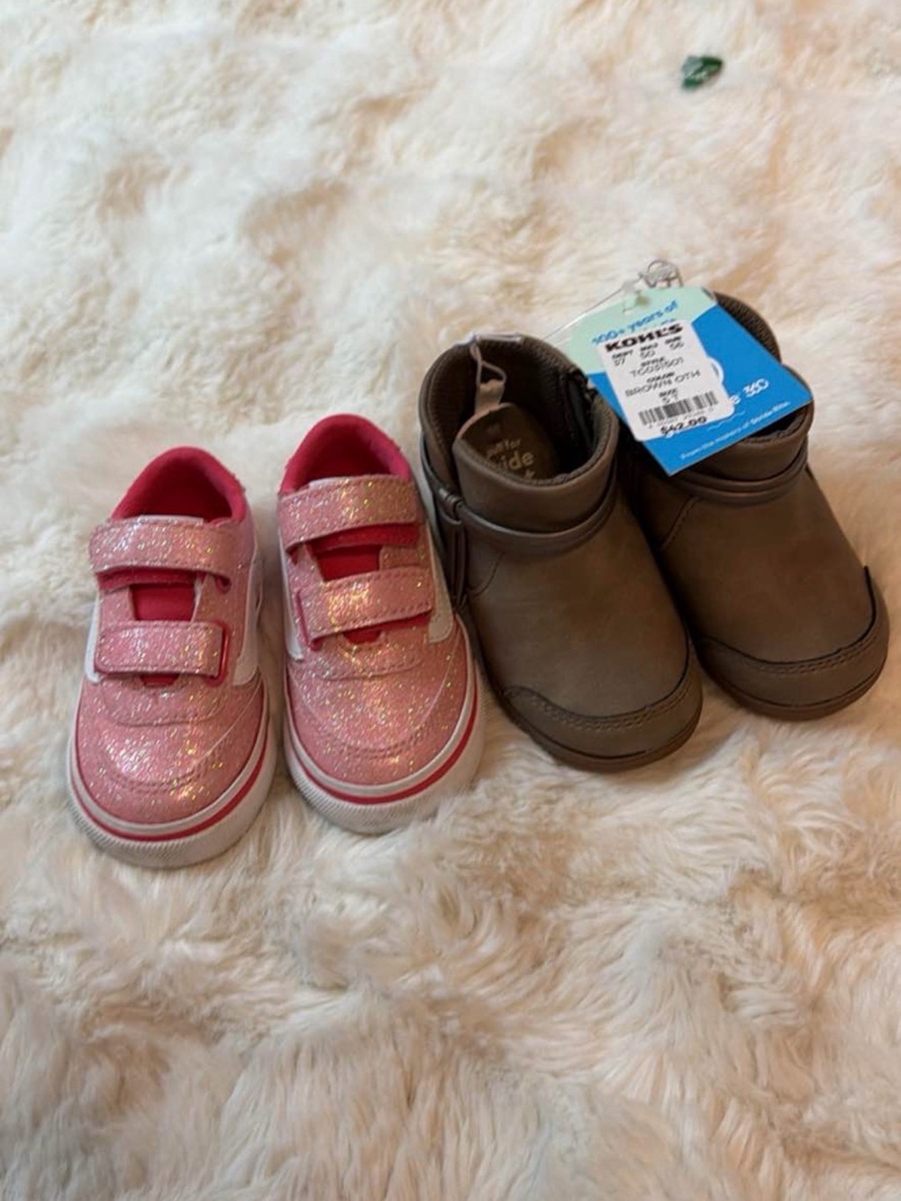 Kids Pink Glitter Velcro Sneakers vans  and Brown Boots stride life size 5